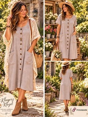 Vintage Studio C Linen Rayon Button Front Dress 20 Boho Lagenlook Cottagecore
